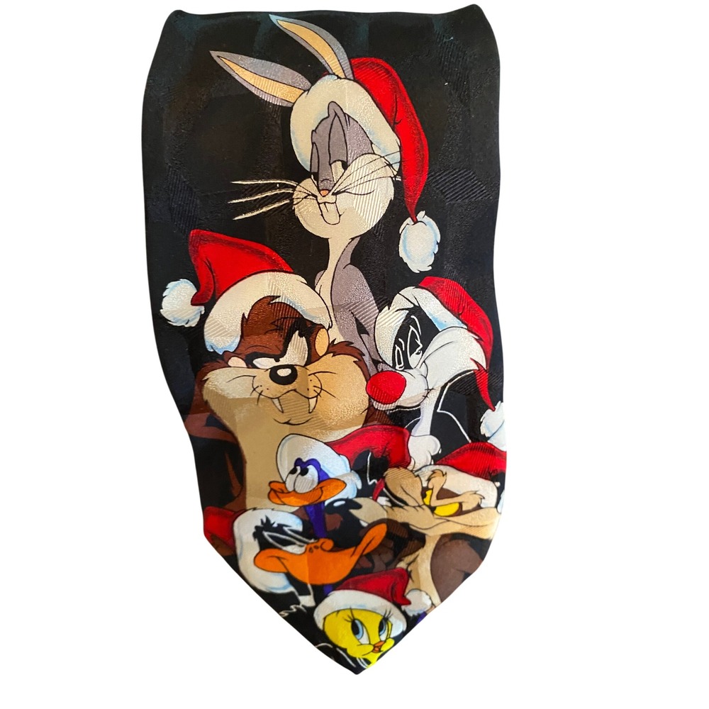 Vintage‎ 1996 Looney Tunes Christmas Silk Tie Bugs Bunny Taz Santa Holiday Black
